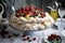 piled high with fruit and cream, meringue making a refreshing and light dessert