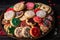 piled-high tray of festive holiday cookies, topped with sprinkles and icing