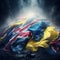 Piled high: Union Jack and Ukrainian flags. Generative AI