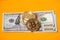 Piled up bitcoin coins on top of US dollar banknotes. Gold BTC coins on orange background. Crypto exchange to US dollar concept.