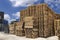 Piles of cargo pallets at a recycling business area