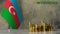Piles of gold coins on a marble table against the background of the flag of Azerbaijan.