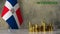 Piles of gold coins on a marble table against the background of the flag of Dominican Republic.