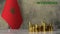 Piles of gold coins on a marble table against the background of the flag of Morocco.