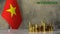 Piles of gold coins on a marble table against the background of the flag of Vietnam.