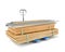 Piles of plywood, osb and gypsum boards, that are tied up with a ribbon, metal and wooden profiles are stacked together on a