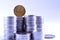 Piles of Russian coins. Close-up. The picture is tinted in blue or purple. News about the economy, commercial banks and the