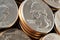 Piles of US American coins of 25 cents quarters close-up. Illustration for news about the national currency, the dollar, the state