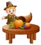 Pilgrim boy with cornucopia of fruits and vegetables on round wooden table