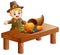 Pilgrim boy with cornucopia of fruits and vegetables on wooden table