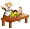 Pilgrim girl with cornucopia of fruits and vegetables on wooden table