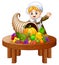 Pilgrim girl with cornucopia of fruits and vegetables on wooden table