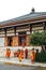 Pilgrim Indian people standing in front of Indosan Nippon Japanese Temple at Bodh Gaya, Bihar, India.