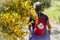 Pilgrim walking along the road to Santiago, Spain