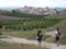 Pilgrims along the way of St. James. People walking on Camino de Santiago.