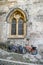 Pilgrims` bikes next to a church