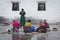 Pilgrims in front of Jokhang temple. The Buddhist Temple in Barkhor Square is considered the most sacred and important temple