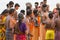 Pilgrims Hindu people bathing in the Arabian Sea before entering the temple