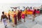 Pilgrims Hindu people bathing in the Arabian Sea before entering the temple