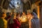 The pilgrims lit candles, Church of the Holy Sepulchre in Jerusalem, Israel.