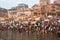 Pilgrims plunge into the water holy Ganges river in the early morning.