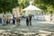 Pilgrims, priests and volunteers getting ready for a procession to the Virgin Mary Vierge Marie in Notre Dame de Lourdes