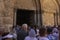 Pilgrims and tourists at the entrance of the Church of the Holy Sepulchre