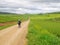 Pilgrims walking along the road to Santiago, Spain