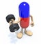 Pill with arms and legs doing weightlifting