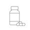 Pill bottle thin line icon with two capsule pills. Food supplements, vitamins.