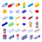 Pill drug icons set, isometric style