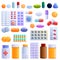 Pill icons set, cartoon style