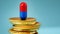 Pill standing on generic coin pile. 3D illustration