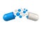 Pill vector icon, drug tablet, capsule mockup. Blue and white bubbles. Medicine illustration