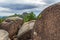 Pillar the Fourth. View of the Second pillar with inscription Freedom. Russian reserve Stolby Nature Sanctuary