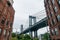 Pillar of Manhattan Bridge from alley in Dumbo district in Brooklyn