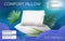 Pillow ad banner. Comfortable 3D cushions. Palm leaves. Sleep comfort. Soft hypoallergenic bedding. Eco friendly home