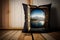 pillow on wooden floor with view of the outside world