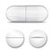 Pills in any shapes and forms. Set of vector realistic oval, round and capsule shaped tablets. Medicine and drugs
