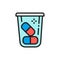 Pills container, medications, vitamins flat color line icon.