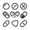 Pills and drugs vector line style icon set