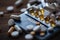 A pills, passport on a wooden background