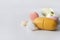 Pills in a row, various forms, white background. Multi-colored pills close-up and copy space