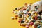 Pills Scattered from Bottle, Color Dietary Supplements, Vitamin Capsules, Mineral Pills