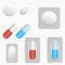 Pills, set of tablets and capsule. Medicines in blister pack. Vector.