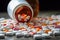 Pills spilling out of bottle on wooden table. Focus on foreground, Prescription opioids open bottle with many bottles of pills in