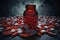 Pills spilling out of pill bottle on dark background 3D rendering, Prescription opioids with many bottles of pills in the