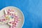 Pills, syringe and thermometer in a plate. Medicine.