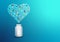 Pills tablets capsule plastic drugs in the shape of a heart bottle on a blue background. Vector realistic illustration.