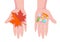 Pills, tablets and red maple leaf on hands. Seasonal depression and Antidepressants. Autumn cold and flu. Flat  illustration